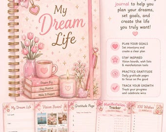 Diário de Desejos Kawaii em PDF para Imprimir, Planejador de Sonhos, Diário de Manifestação, Quadro de Visão, Rastreador de Gratidão e Metas
