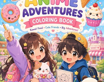 Livro de colorir de anime kawaii | Personagens, comida, aventuras (PDF digital)