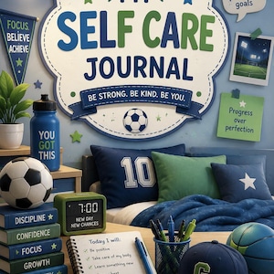 May include: A self-care journal with the text "My Self Care Journal" and the phrase "Be strong. Be kind. Be you." The image includes a soccer ball, a water bottle, a baseball cap, and a notepad with a to-do list.