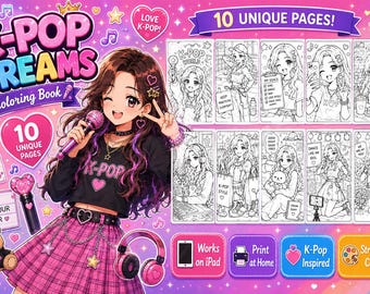 Livro de colorir K-Pop para imprimir em PDF, páginas para colorir de ídolos fofos, livro de colorir anime kawaii, livro de atividades para adolescentes, download instantâneo