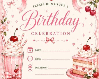 Convite de aniversário e cartão de agradecimento com tema de cereja (download digital)