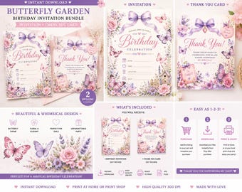 Pacote de convites de aniversário com tema Jardim de Borboletas (Download Digital)