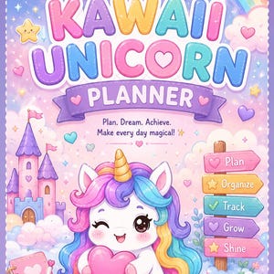 Pacchetto agenda unicorno Kawaii / Agenda PDF stampabile / Agenda digitale GoodNotes / Agenda per bambini e ragazzi / Tracker delle abitudini settimanale e mensile immagine 1