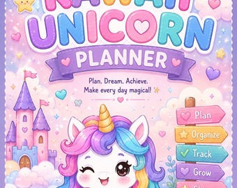 Pacote de Planejamento Unicórnio Kawaii | Planejador em PDF para Imprimir | Planejador Digital GoodNotes | Planejador Infantil e Adolescente | Rastreador de Hábitos Semanal e Mensal