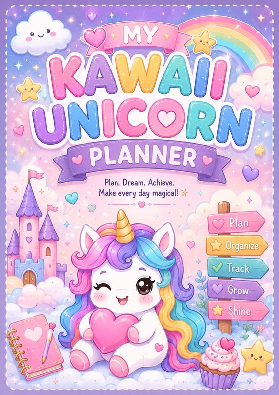 Kawaii Unicorn Planner Bundle | Printable PDF Planner | GoodNotes Digital Planner | Kids & Teen Planner | Weekly Monthly Habit Tracker