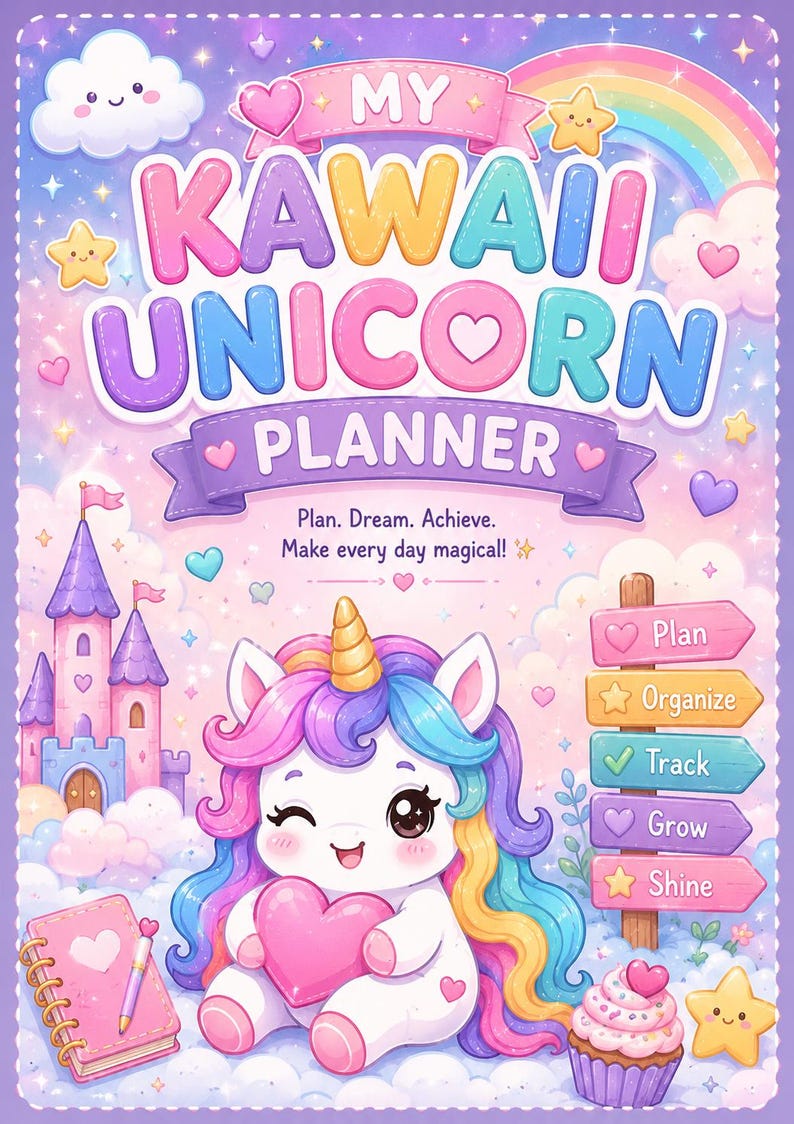 Pacchetto agenda unicorno Kawaii / Agenda PDF stampabile / Agenda digitale GoodNotes / Agenda per bambini e ragazzi / Tracker delle abitudini settimanale e mensile immagine 1