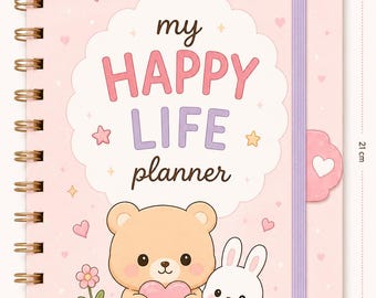 Planejador Minha Vida Feliz | Diário Digital A5 em Tons Pastel Kawaii (Download em PDF)