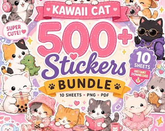 Pacote com mais de 500 adesivos de gatos kawaii | Adesivos digitais fofos para GoodNotes | Folhas de adesivos PNG para imprimir | Download instantâneo