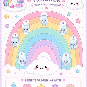 Pu&ograve; includere: Una tabella per il monitoraggio dell'acqua dai colori pastello con un arcobaleno, un unicorno e nuvole. Il testo recita WATER TRACKER, Drink water, stay magical!, e BENEFITS OF DRINKING WATER. Otto bicchieri numerati seguono l'arcobaleno.
