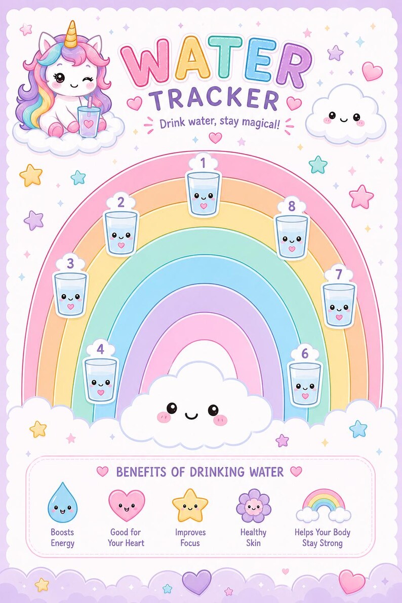 Pu&ograve; includere: Una tabella per il monitoraggio dell'acqua dai colori pastello con un arcobaleno, un unicorno e nuvole. Il testo recita WATER TRACKER, Drink water, stay magical!, e BENEFITS OF DRINKING WATER. Otto bicchieri numerati seguono l'arcobaleno.