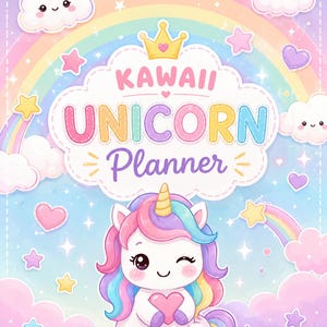 Pu&ograve; includere: Una copertina per agenda con un unicorno che fa l'occhiolino, criniera arcobaleno e corona dorata. Il testo recita KAWAII UNICORN Planner. Lo sfondo mostra un arcobaleno pastello, nuvole soffici, stelle scintillanti e cuoricini rosa e azzurri.