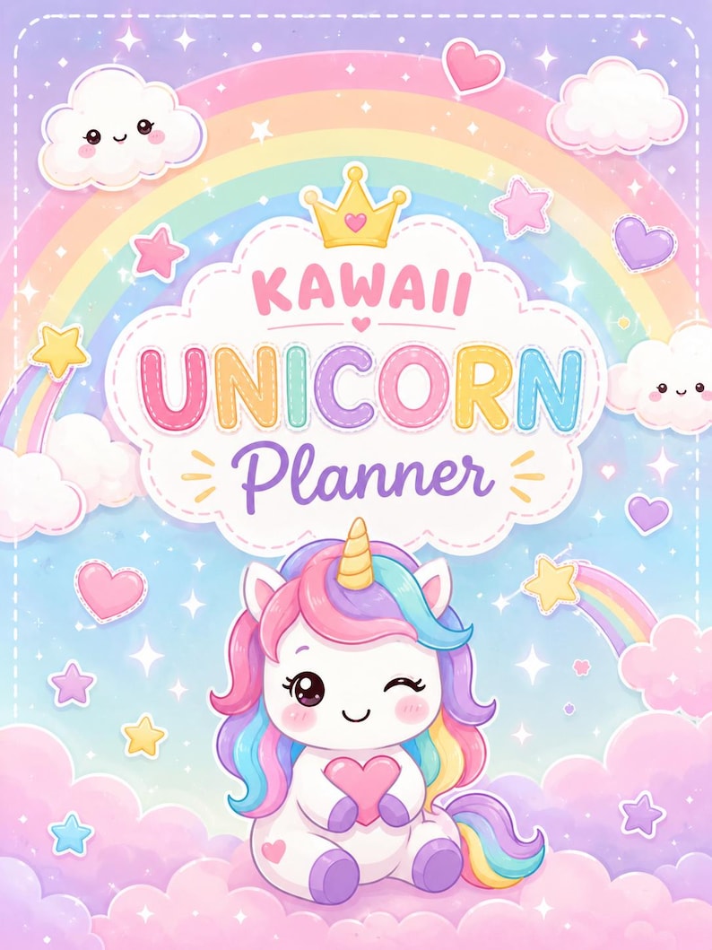 Pu&ograve; includere: Una copertina per agenda con un unicorno che fa l'occhiolino, criniera arcobaleno e corona dorata. Il testo recita KAWAII UNICORN Planner. Lo sfondo mostra un arcobaleno pastello, nuvole soffici, stelle scintillanti e cuoricini rosa e azzurri.