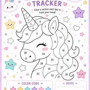 Pu&ograve; includere: Un foglio stampabile per il monitoraggio dell'umore con una testa di unicorno e sezioni numerate da colorare quotidianamente. Il design include un arcobaleno, nuvole, stelle e cuori, con una legenda a codice colore per sei emozioni.