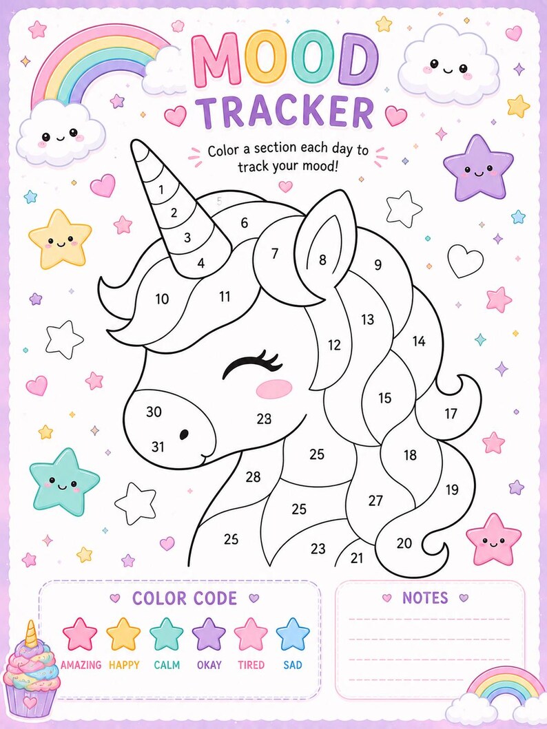 Pu&ograve; includere: Un foglio stampabile per il monitoraggio dell'umore con una testa di unicorno e sezioni numerate da colorare quotidianamente. Il design include un arcobaleno, nuvole, stelle e cuori, con una legenda a codice colore per sei emozioni.