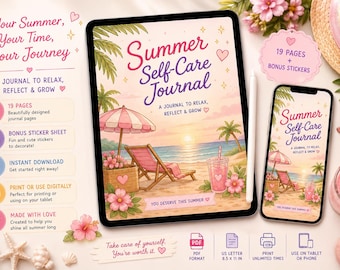 Diário de autocuidado de verão em PDF para imprimir | Planejador de bem-estar | Rastreador de humor | Diário de gratidão | 19 páginas + adesivos