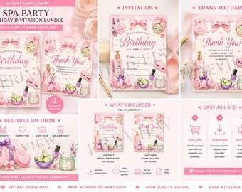 Pacote de convites de aniversário para festa spa | Tema Pink Coquette (Download digital)
