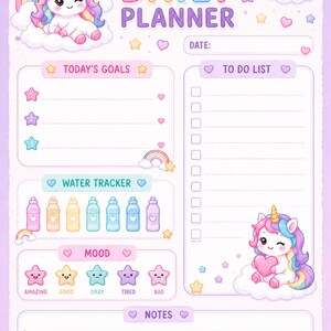 Pu&ograve; includere: Una pagina di pianificazione giornaliera dai colori pastello con un unicorno su una nuvola, arcobaleni e stelle. Le sezioni includono obiettivi del giorno, lista delle cose da fare, tracker dell'acqua, tracker dell'umore e note.