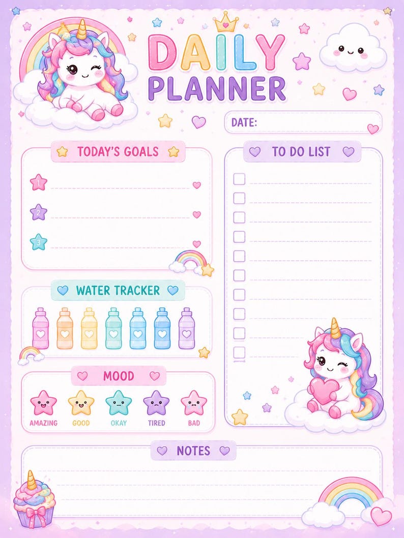Pu&ograve; includere: Una pagina di pianificazione giornaliera dai colori pastello con un unicorno su una nuvola, arcobaleni e stelle. Le sezioni includono obiettivi del giorno, lista delle cose da fare, tracker dell'acqua, tracker dell'umore e note.