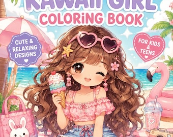 Livro de colorir de verão com garotas kawaii para crianças e adolescentes, páginas fofas para colorir na praia, livro de colorir em PDF para imprimir, livro de atividades para férias de verão.