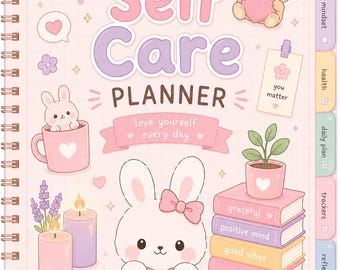 Agenda de autocuidado kawaii | Diário de bem-estar em tons pastel, rastreador de humor (download digital)