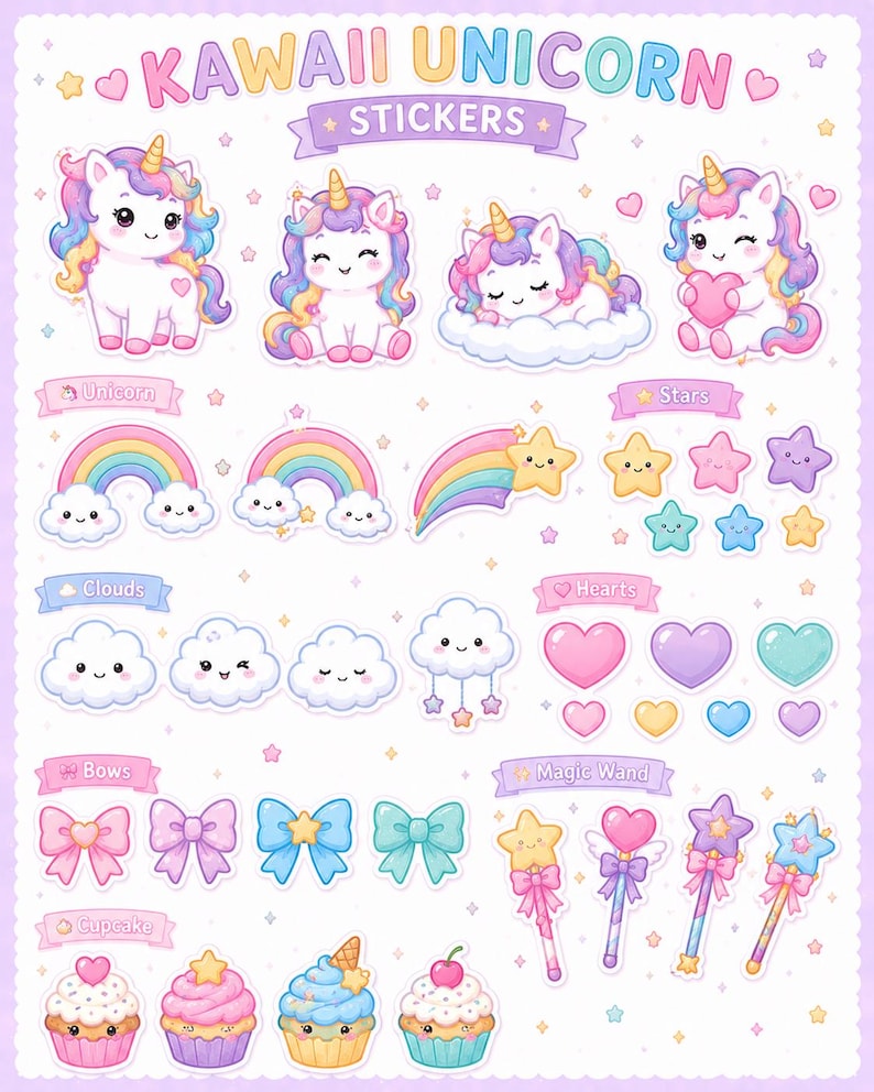 Pu&ograve; includere: Un foglio di adesivi intitolato KAWAII UNICORN STICKERS che presenta varie illustrazioni tra cui unicorni, arcobaleni, stelle, nuvole, cuori, fiocchi, bacchette magiche e cupcake in colori pastello con faccine sorridenti su sfondo bianco.