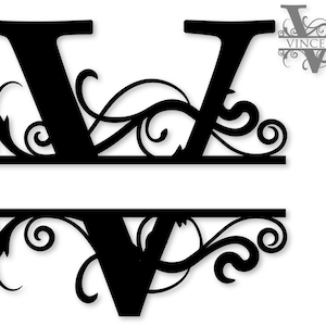 May include: Black split monogram initial letter V with decorative floral swirls. The letter is split in half with a space in between the two halves.