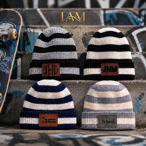 Personalized Striped Knit Beanie Hat In 4 Options | Monogram Leatherette Patch | Personalized Knit Hat  | Gift for Men, Women & Kids