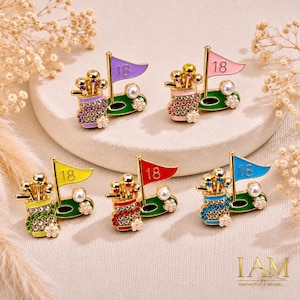 Mix Match Golf Stud Earrings for Women | 18-Hole Flag With Pearl and Rhinestone Golf Bag With Our Pearl Flower | Gold & 5 Color Option