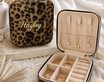Fur Leopard Jewelry Box With Gold Foil Name  | Black, Brown, and White |Graduation, Birthday, and Bridesmaid Proposal Gift Idea | 4x4 Case