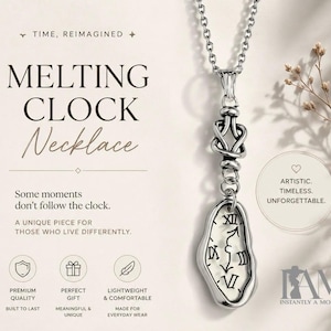 May include: A silver-toned Melting Clock Necklace with a unique, artistic design. The pendant features a melting clock face with Roman numerals. The necklace is lightweight and comfortable, perfect for everyday wear. The text on the image says "Time, Reimagined".