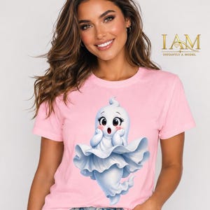 かわいい3Dゴースト柄レディースTシャツ｜ハロウィングラフィックTシャツ｜ハロウィンシーズンシャツ｜ブラック、ピンク、ホワイト、オレンジ、ミントグリーン｜XS～4XL