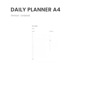 Puede incluir: Una hoja blanca de Daily Planner A4 con un diseño vertical y sin fecha. La parte superior de la página tiene el texto "DAILY PLANNER A4" y "Vertical • Undated". El planificador incluye secciones para el horario, las principales prioridades, la lista de tareas y las notas.