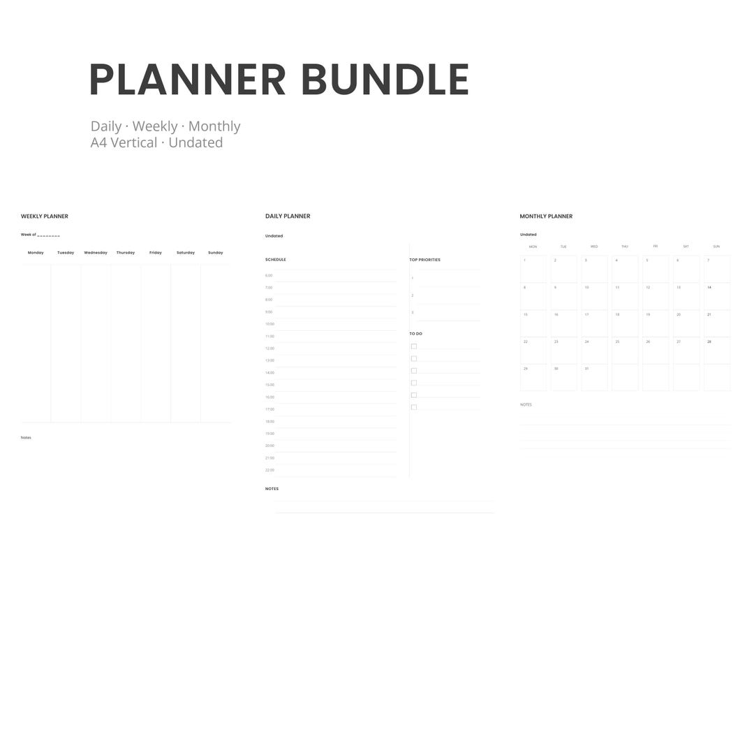 Daily Weekly Monthly Planner Bundle A4 Vertical Undated Minimal ...