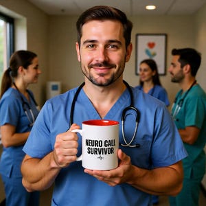 May include: A white ceramic mug with a red interior, featuring the text "NEURO CALL SURVIVOR" and a heartbeat graphic. The mug is held by a person wearing blue scrubs and a stethoscope. Other medical staff are in the background.