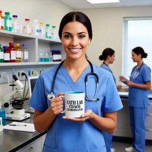 May include: A smiling person in blue scrubs holds a white mug with a blue interior. The mug reads "CATH LAB CHAOS COORDINATOR" in black text. A stethoscope hangs around the person's neck. Other medical professionals are in the background.