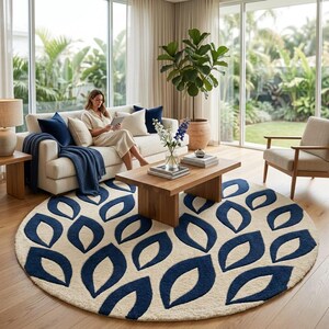Round Wool Rug, Navy Blue Leaf Pattern, Hand Tufted Botanical Floor Decor
