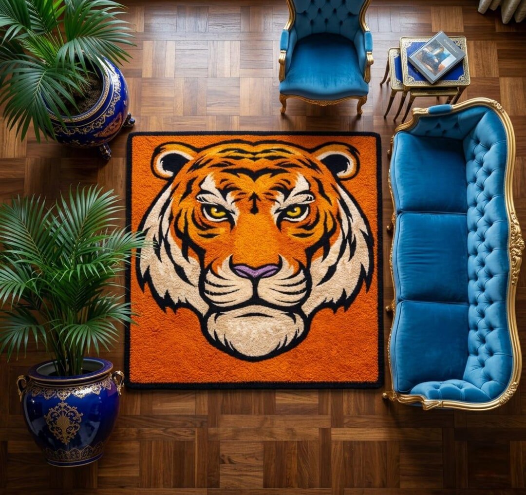 Handmade Tiger Face Tufted Rug, Bold Animal Area Carpet, Jungle Decor ...