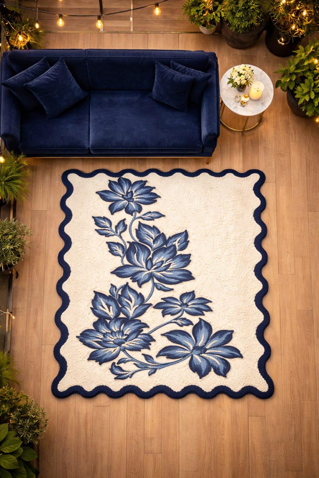 Hand Tufted Wool Rug, Blue Floral Botanical Area Rug, Scalloped Edge ...