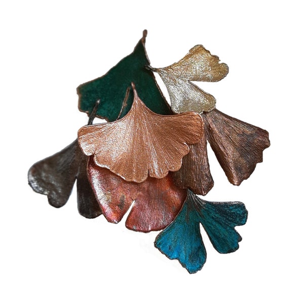 Ciondolo foglia vera ginkgo biloba elettroformata in rame, argento, palladio, verderame, blu, arcobaleno, nero