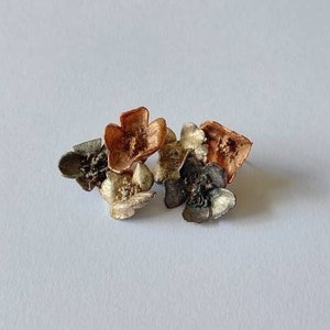 Triple flower earrings, silver, copper, palladium