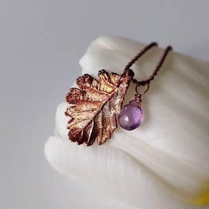 Botanical pendant, real oak leaf and tiny gemstone, labradorite, rainbow moonstone, prasiolite, amethyst, teardrop little gemstone.