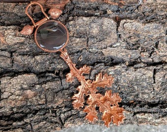 Electroformed Copper Cineraria Leaf Pendant with Agate, Dusty Miller Botanical Necklace, Cottagecore Witchy Jewelry, Real Leaf Talisman