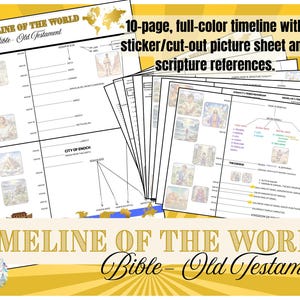 May include: A 10-page, full-color timeline of the Old Testament with a sticker sheet and scripture references. The title "Timeline of the World Bible - Old Testament" is displayed in gold lettering on a white background.