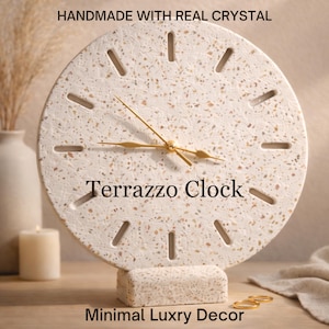 Horloge murale en terrazzo fait main avec éclats de cristal, décoration d'intérieur minimaliste Japandi, horloge de salon moderne unique