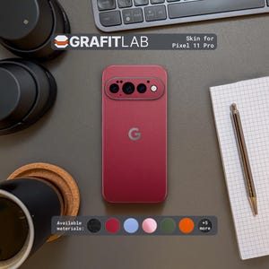 May include: A dark red adhesive skin applied to the back of a Pixel 11 Pro smartphone. The skin features a cutout for the horizontal camera bar and the Google logo. Text on the image reads GRAFITLAB and Skin for Pixel 11 Pro.