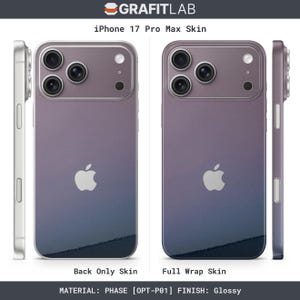 May include: iPhone 17 Pro Max skin with a gradient design in purple and blue. The image shows both back-only and full-wrap skin options. The Apple logo is visible. The finish is glossy.