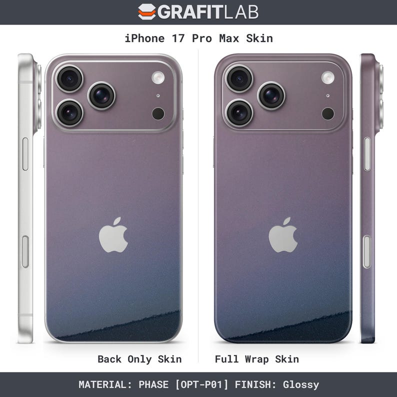 May include: iPhone 17 Pro Max skin with a gradient design in purple and blue. The image shows both back-only and full-wrap skin options. The Apple logo is visible. The finish is glossy.