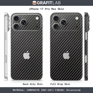 May include: An iPhone 17 Pro Max skin with a carbon fiber texture. The image shows the back-only skin and the full wrap skin. The skin has a structured finish and is made of composite material. The Apple logo is visible.