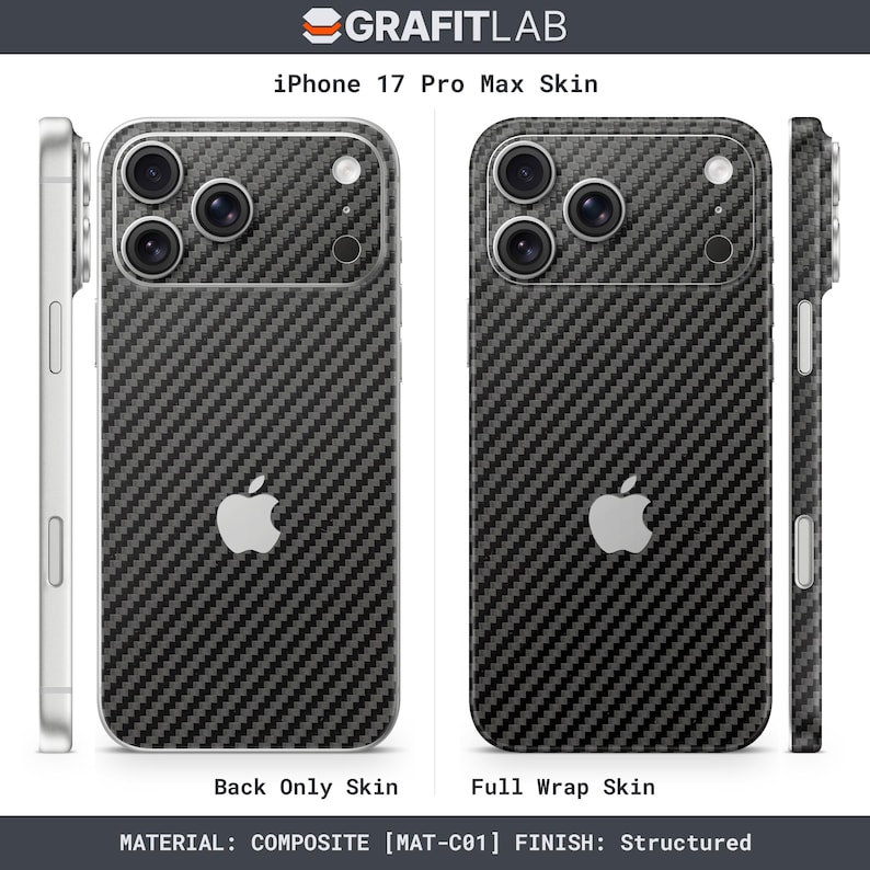 May include: An iPhone 17 Pro Max skin with a carbon fiber texture. The image shows the back-only skin and the full wrap skin. The skin has a structured finish and is made of composite material. The Apple logo is visible.