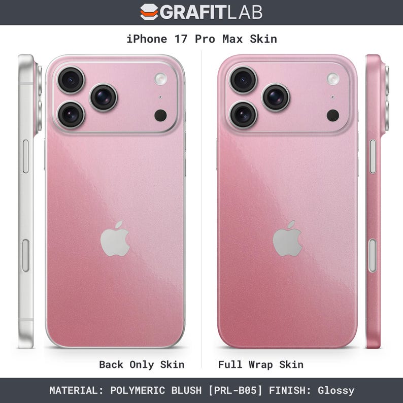 May include: Pink iPhone 17 Pro Max skin, available in back-only or full wrap options. The skin has a glossy finish and features the Apple logo. The material is polymeric blush.